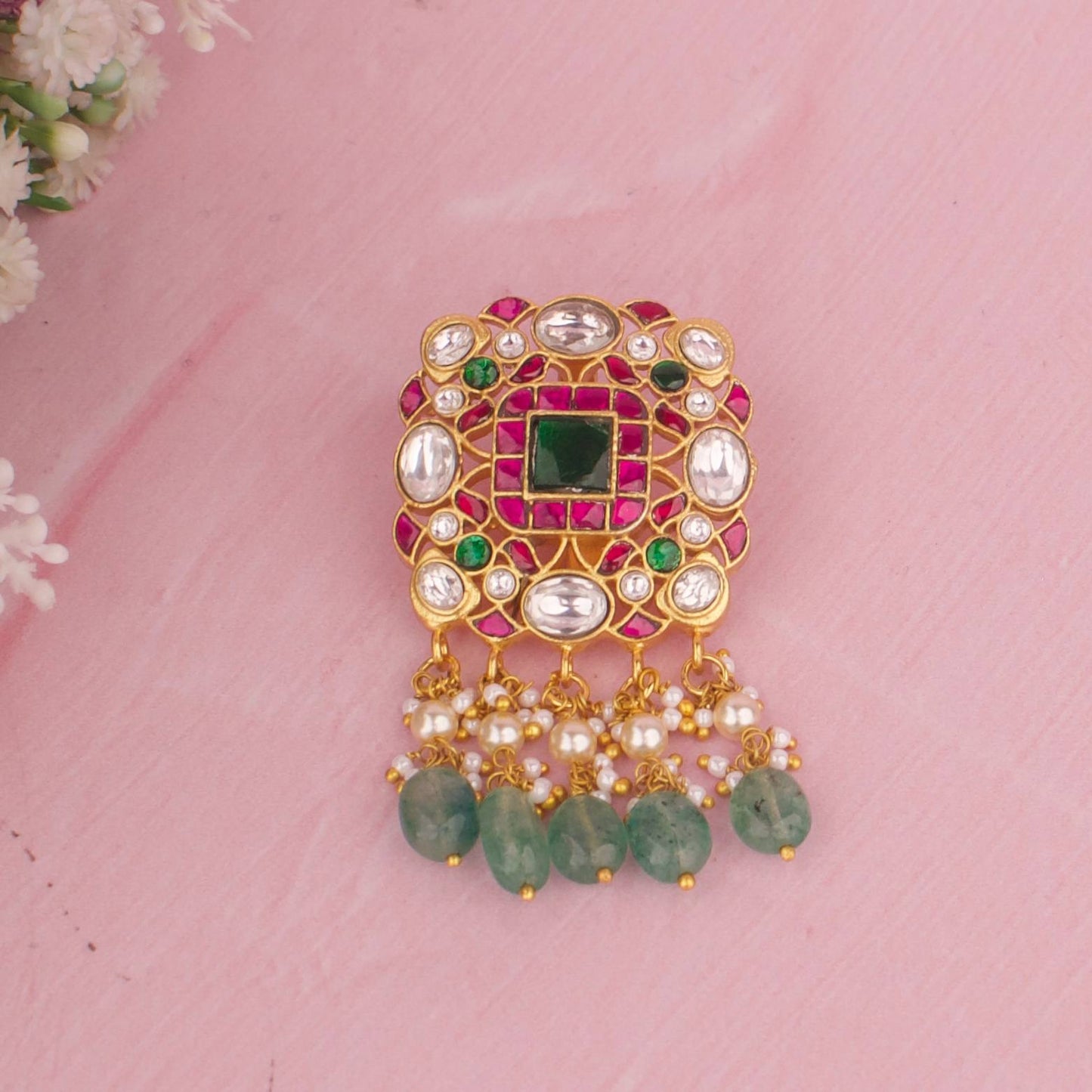 Antique Gold Square Kundan Locket With Emerald Hangings
