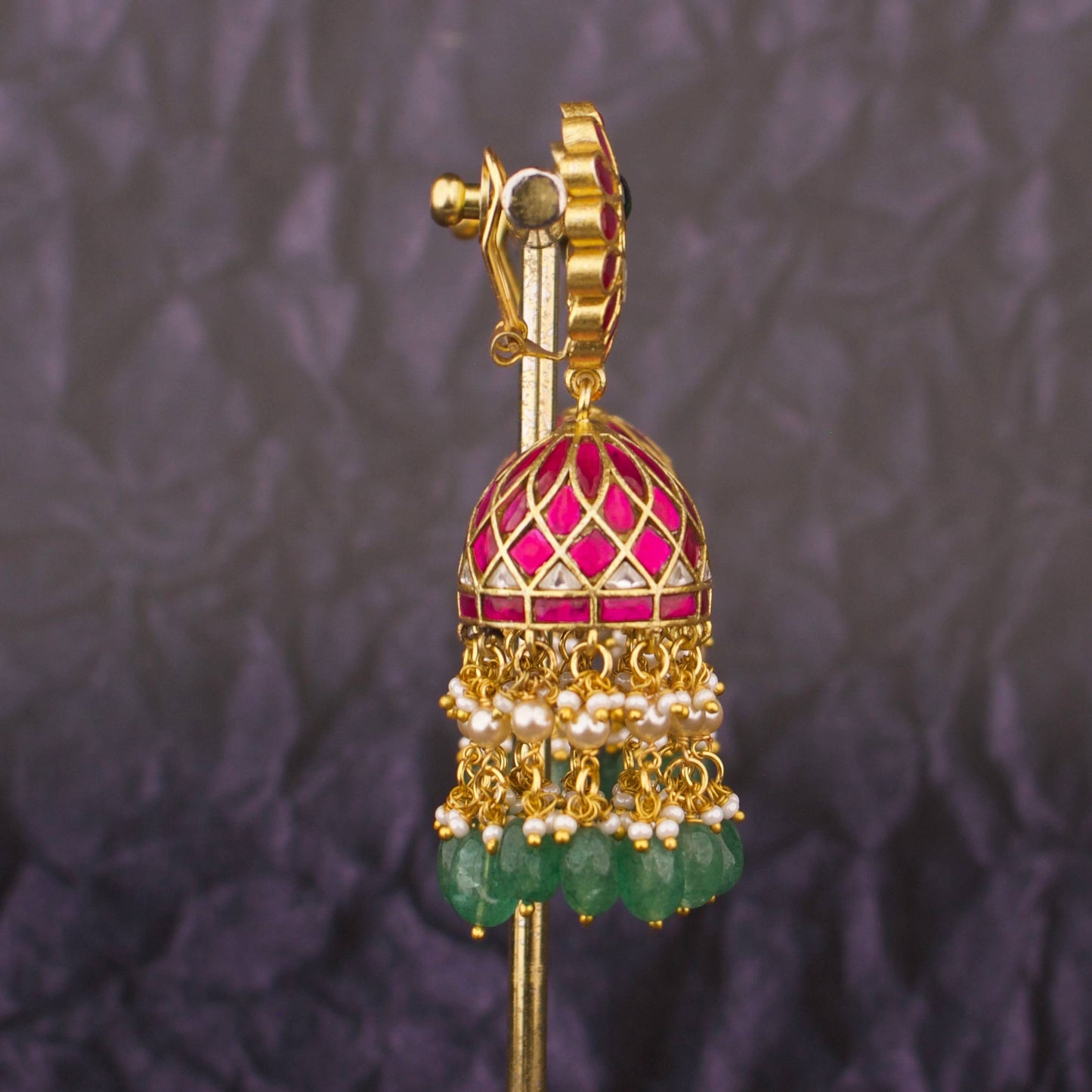 Designer Jadau Kundan Jhumka Earrings With Green Beads