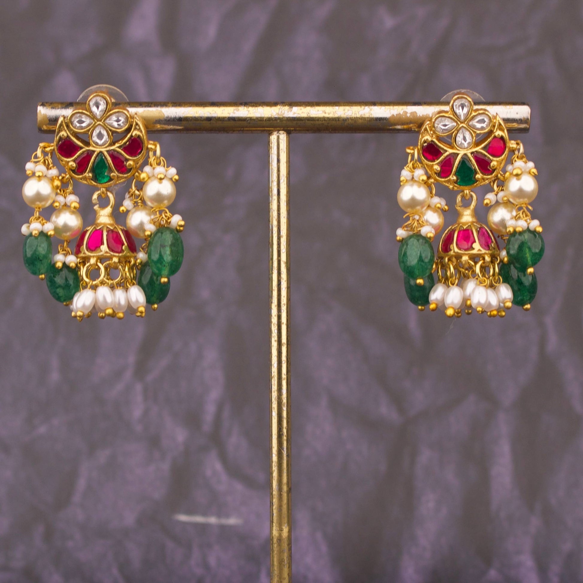 Minimal Jadau Kundan Jhumki Earrings With Hangings - Alternate View 1