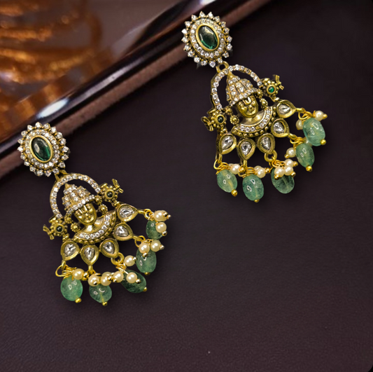 Lord Balaji Victorian Pushback Earrings with zircon, polki stones, pearls, and beads. This Victorian Jewellery Is available in Red & Green colour varaiants. 