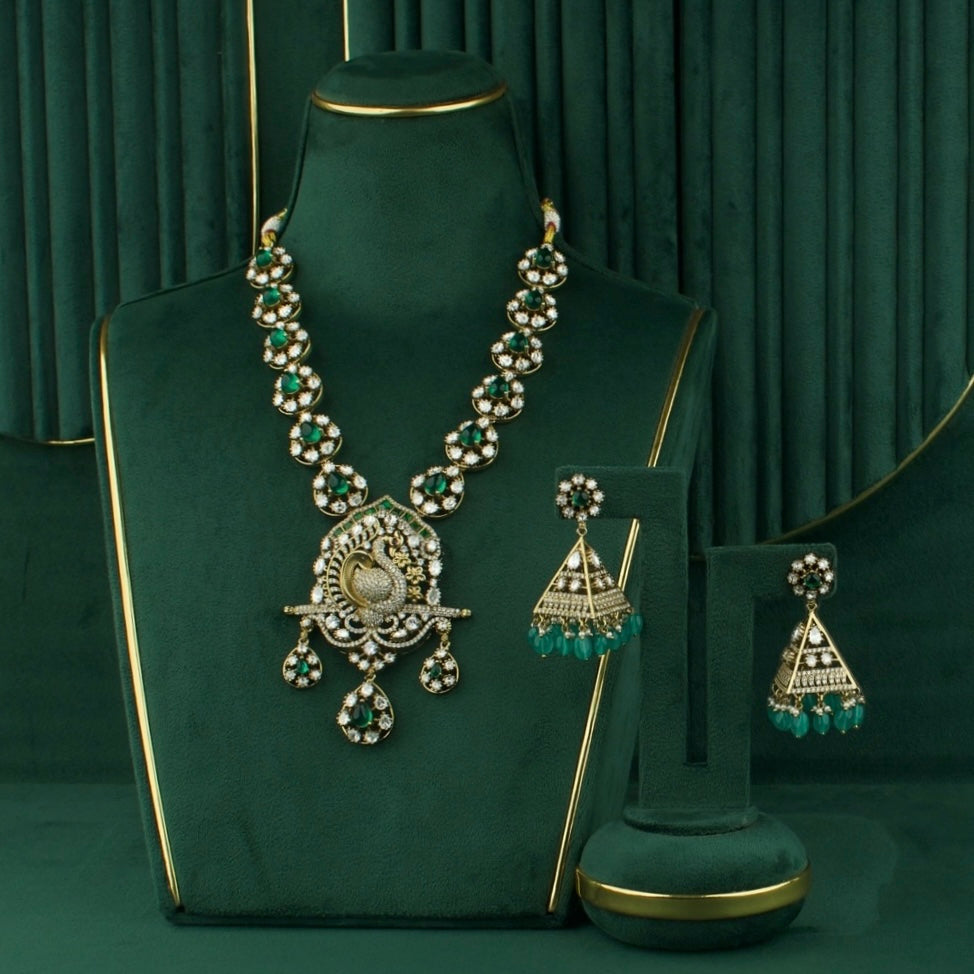 Opulent Victorian Polki Necklace Set with Peacock Motif