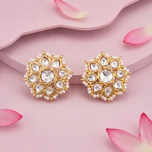 Classic Jadau Kundan Stud Earrings With Pearl Border