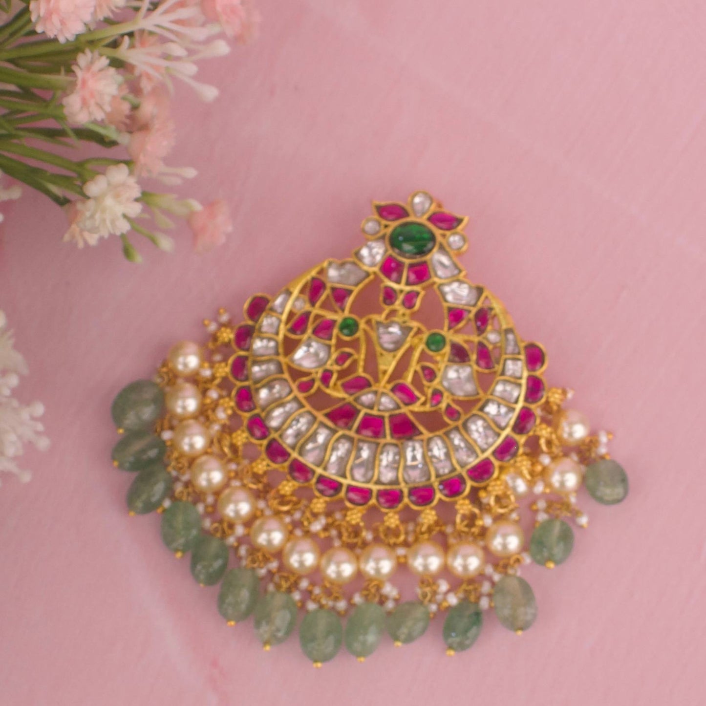 Timeless  Big Jadau Kundan Pendant With Pearl And Beads Hanging