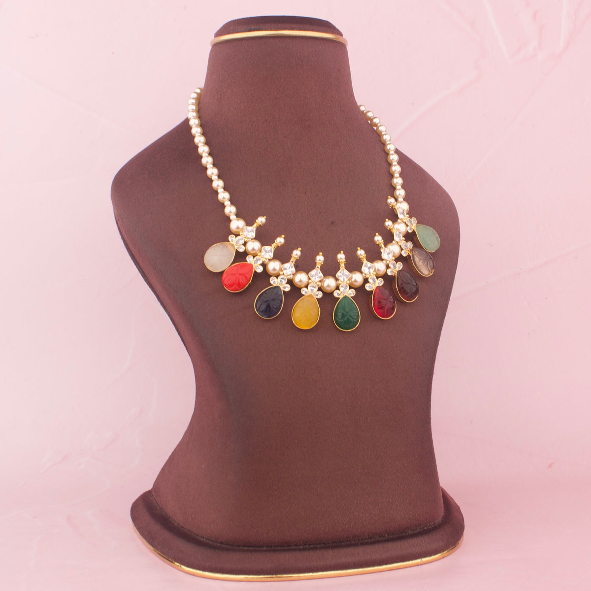 Navratna Necklace Set With Multicolor Stone Drops And Pearl Detailing