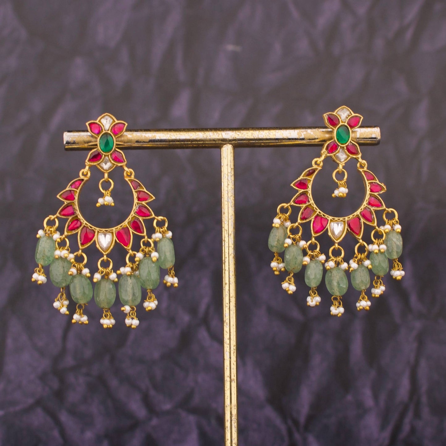 Dazzling Floral Design Jadau Kundan Chand Bali With Russian Beads Hanging
