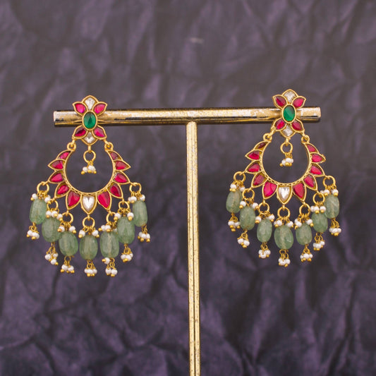 Dazzling Floral Design Jadau Kundan Chand Bali With Russian Beads Hanging