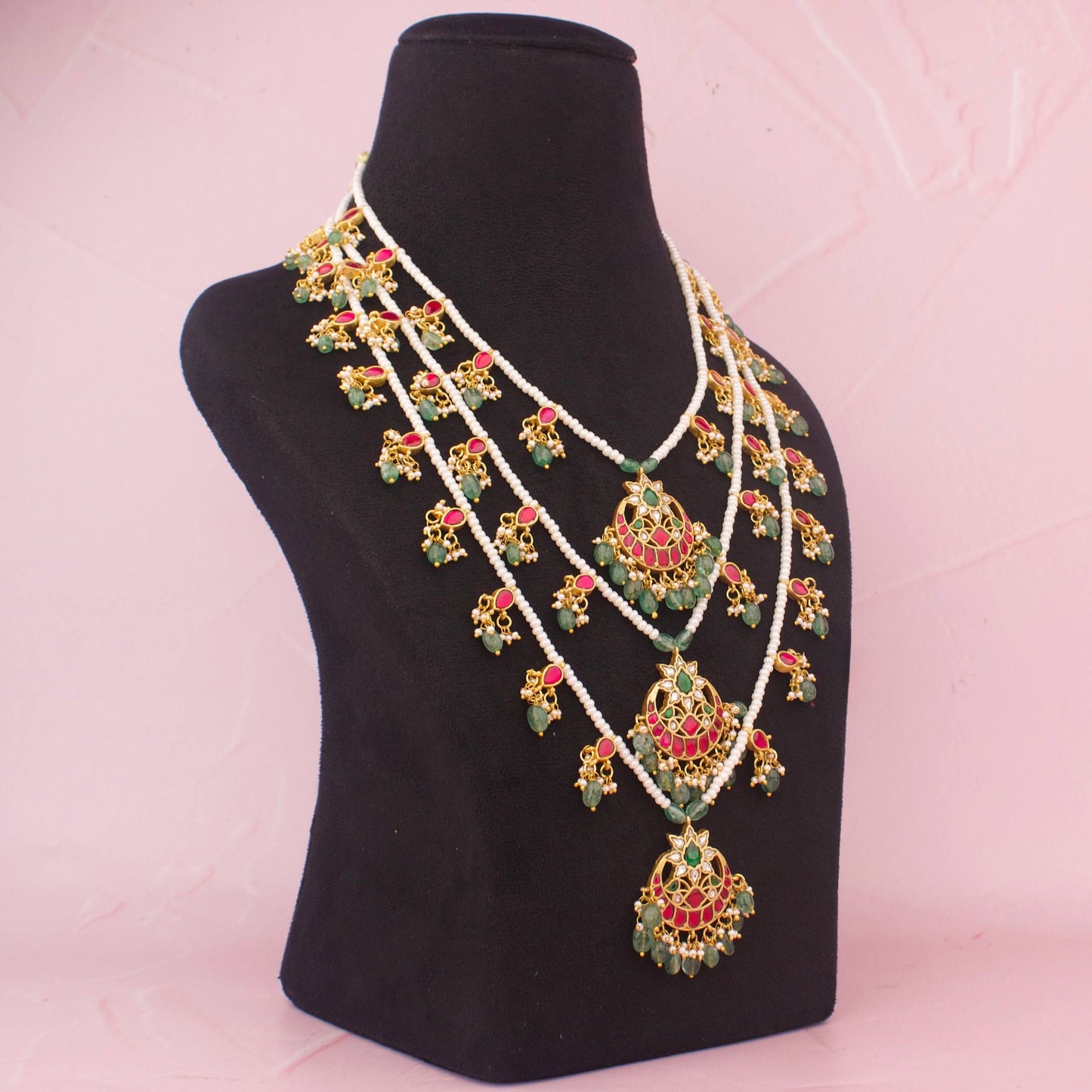 Premium Jadau Kundan Multi-Layer Pearl Mala With Ruby And Green Beads