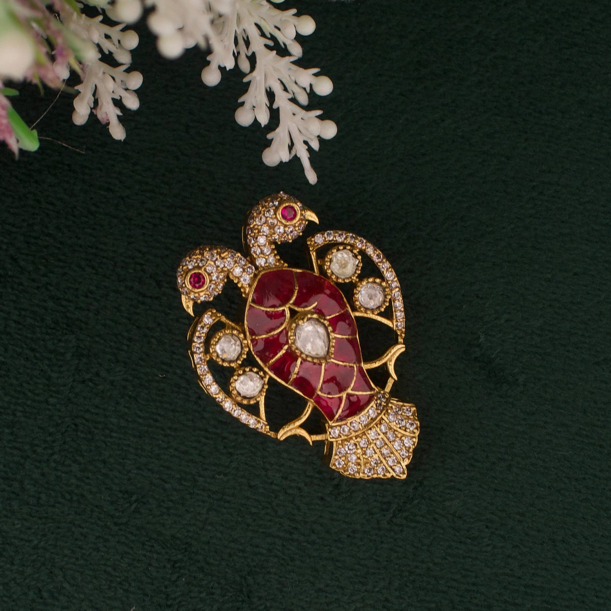 Victorian Polki Ruby Pendant Set With Earrings Styling Angle View 4 - Dulhan Jewels