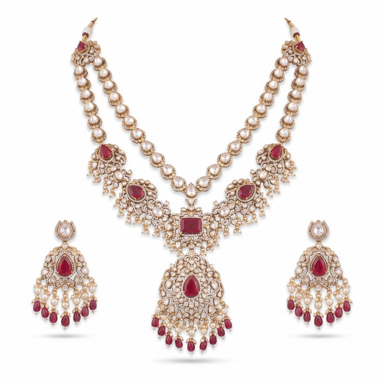Premium Grand Royal Victorian Polki Bridal Necklace With Matching Earrings adorned with ruby