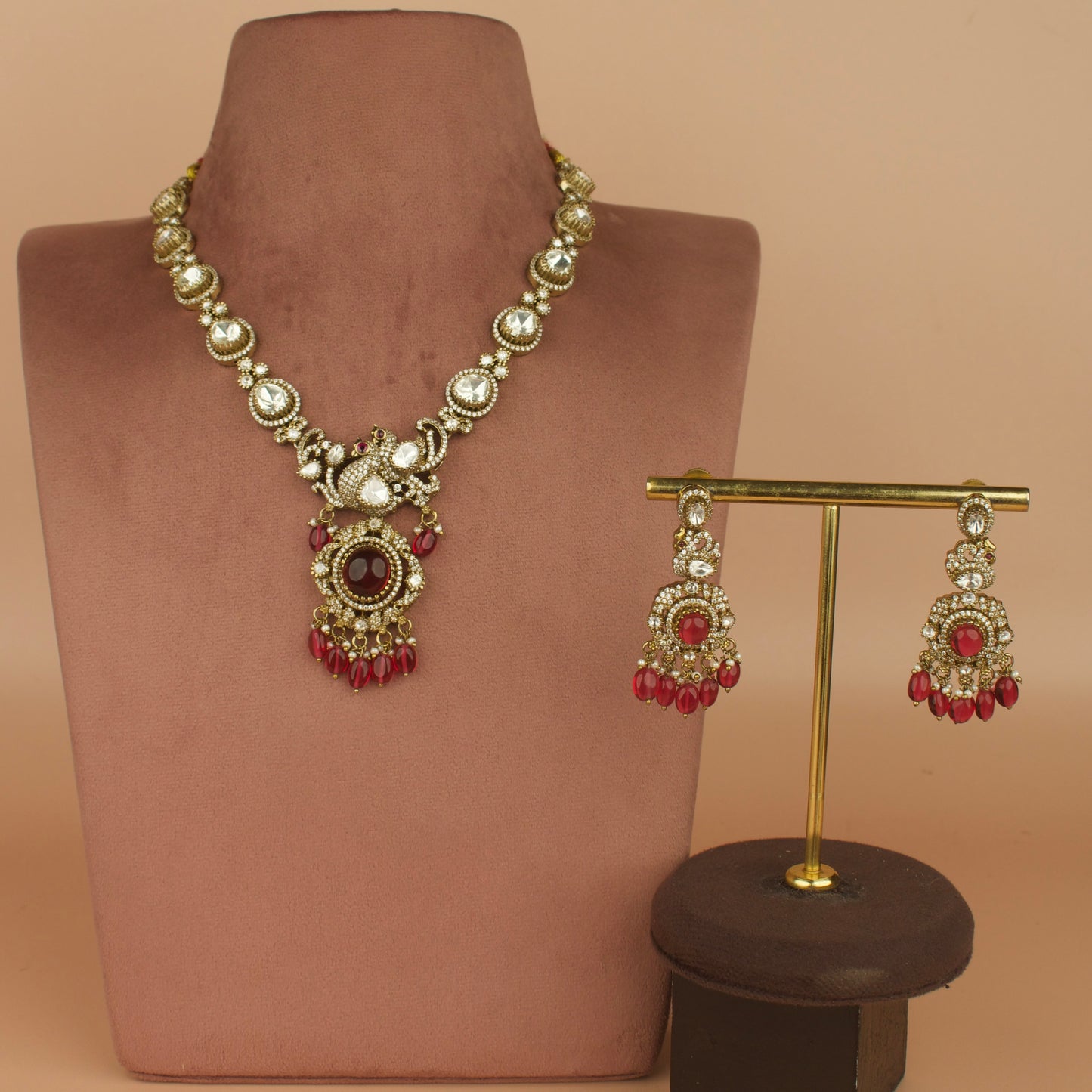 Royal Grandeur: Victorian Polki Necklace Set with Gemstone Accents with high quality Victorian finish 