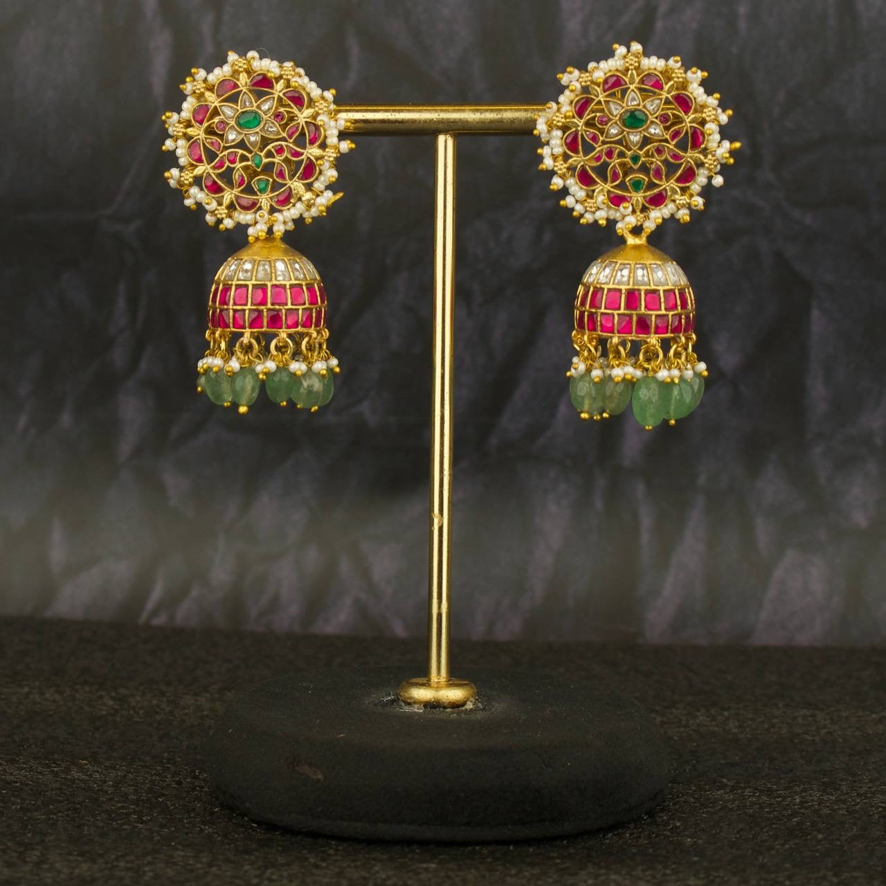 Bridal circular floral jhumki earrings pair with pink and green kundan stones