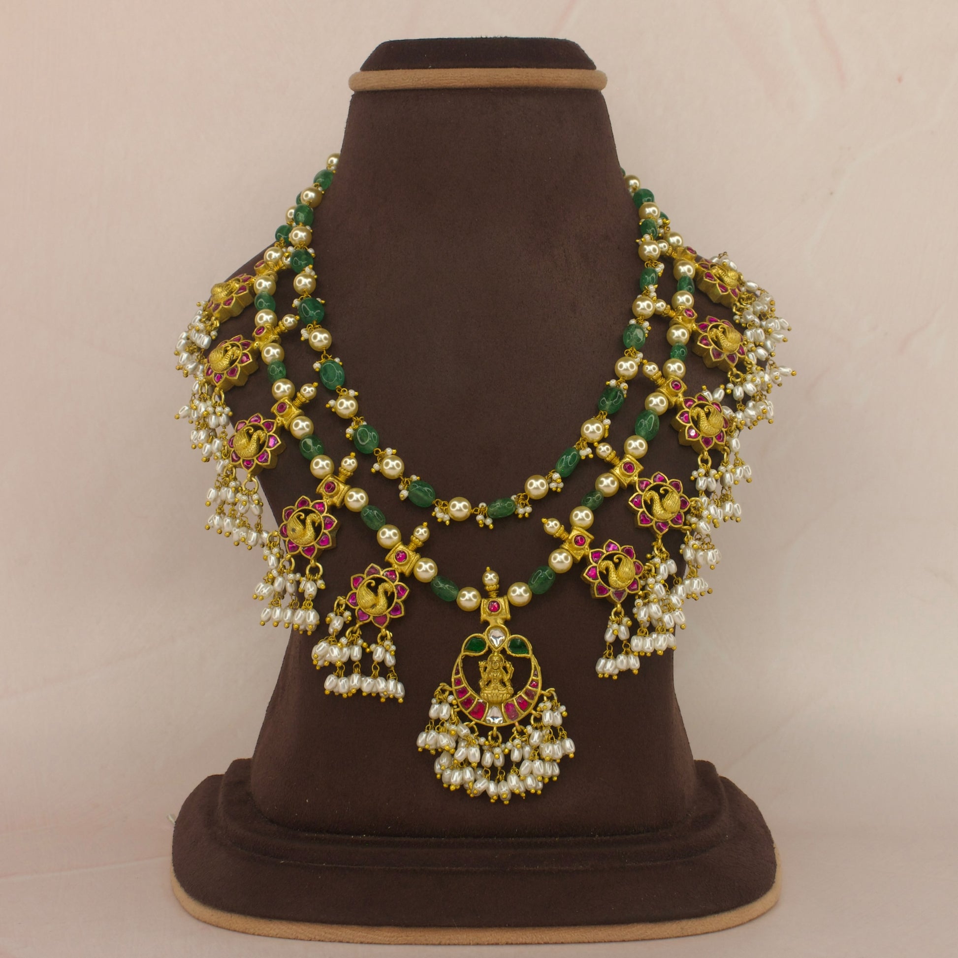 Two Layered Beads Mala in Jadau Kundan Work with 22k gold plating. this product belongs to jadau kundan jewellery category