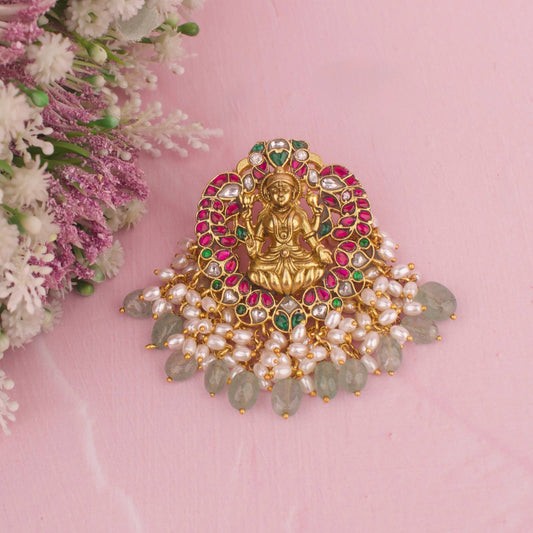 Divine Lakshmi Devi Jadau Kundan Pendant With Guttapusalu Hangings