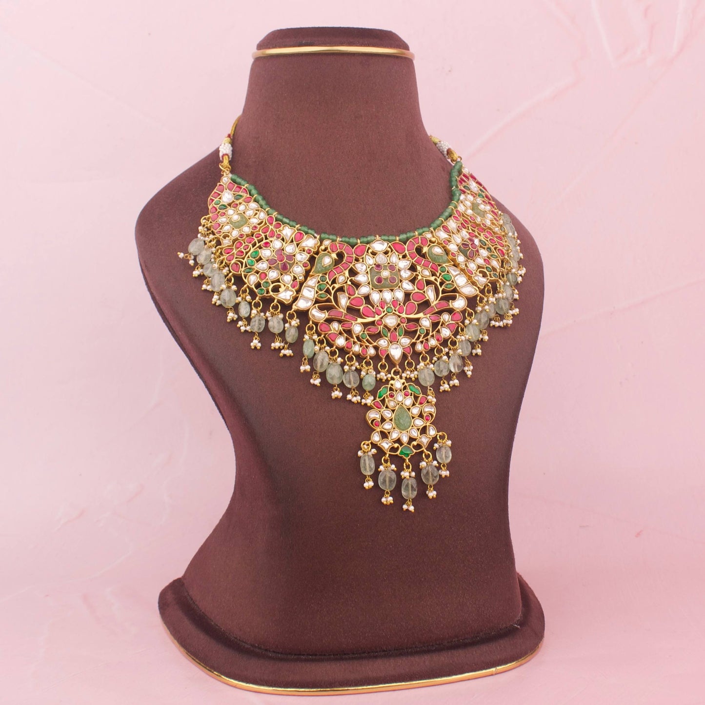Close-Up Detail View of Traditional  Stone Carved Jadau Kundan Necklace | Dulhan Jewels