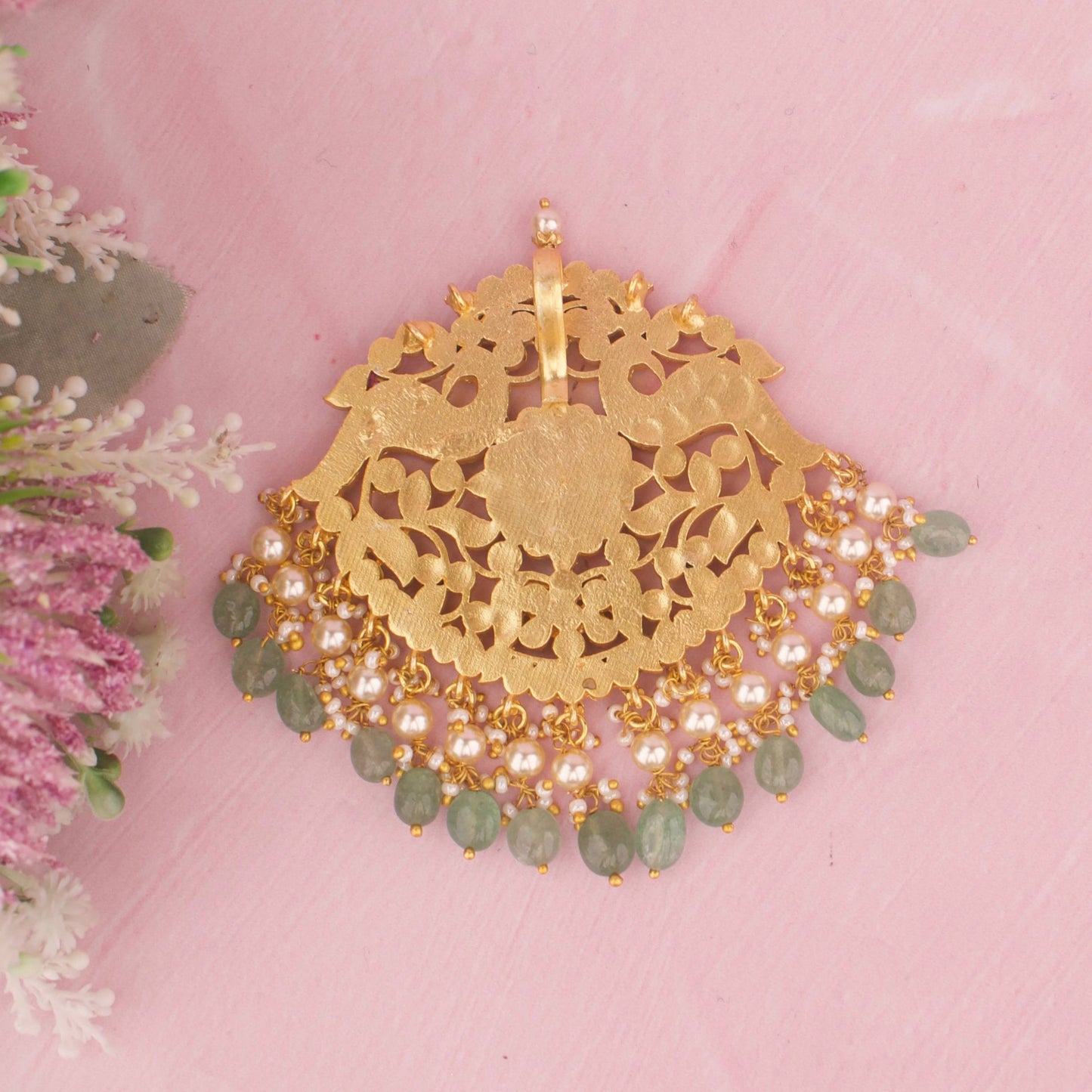 Traditional Jadau Kundan Pendant With Green Hangings