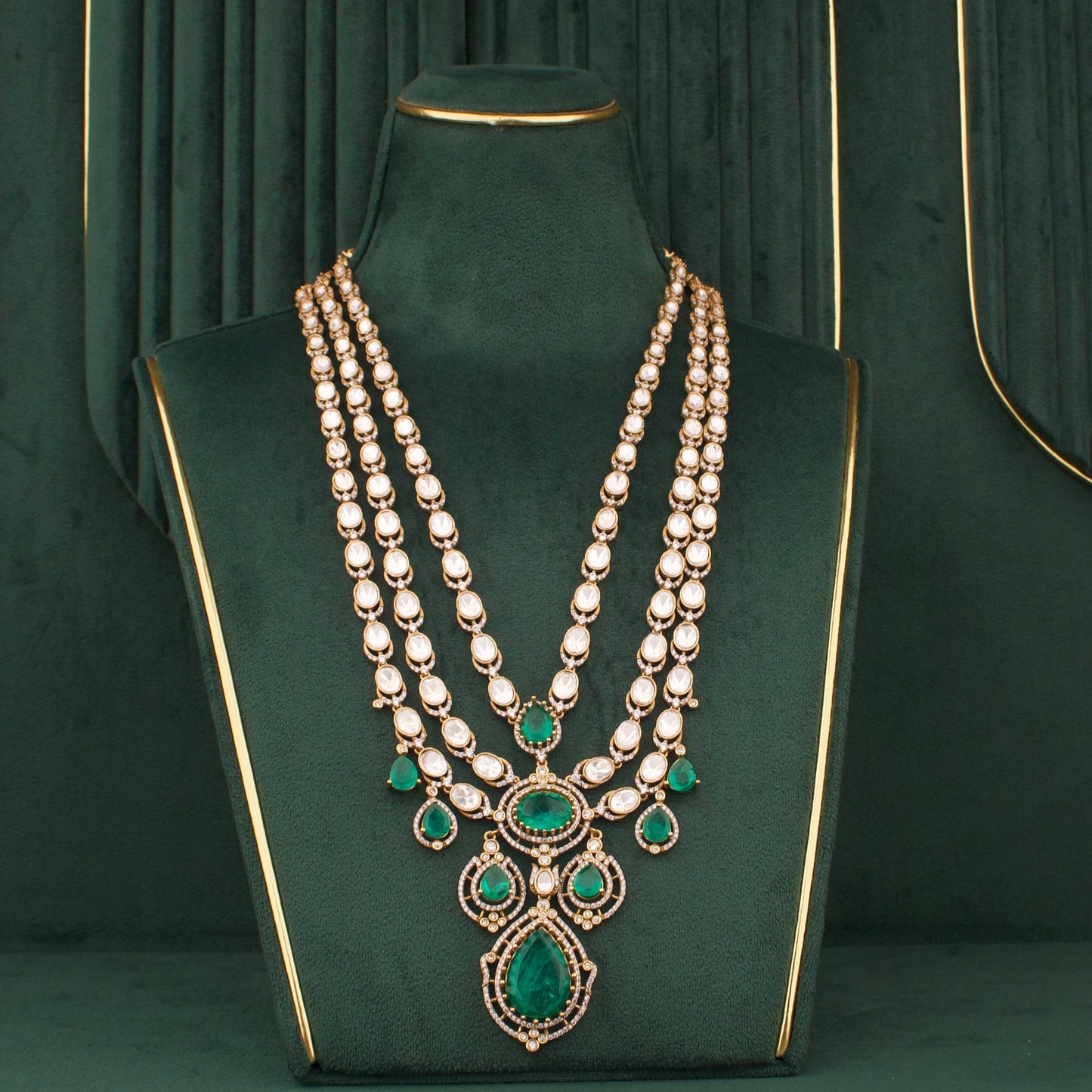 Moissanite Polki Layered Long Necklace With Matching Earrings