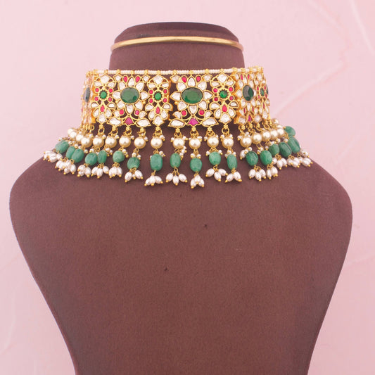 Bridal Moissanite Polki Choker With Emerald Drops