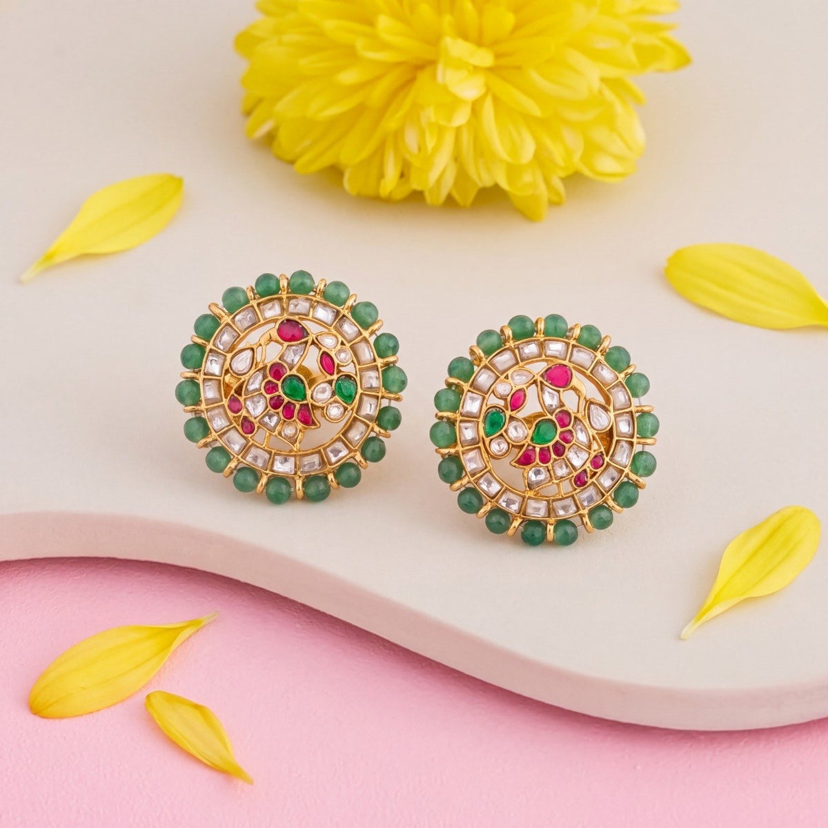 Green Beaded Jadau Kundan Stud Earrings