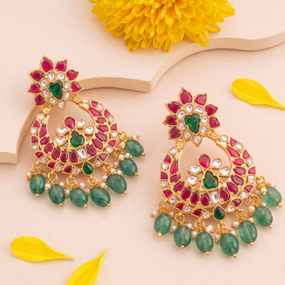 Traditional Jadau Kundan Chandbali Earrings With Green Hangings
