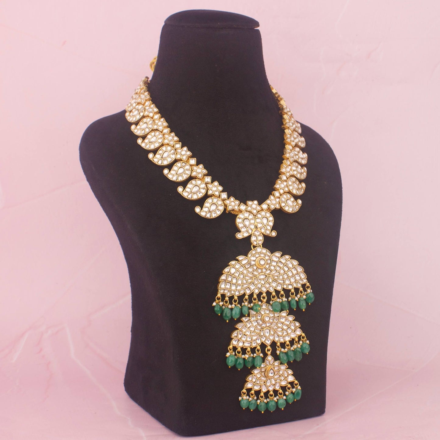 Premium Jadau Kundan Long Mango Haram Emerald Green Bead Drops