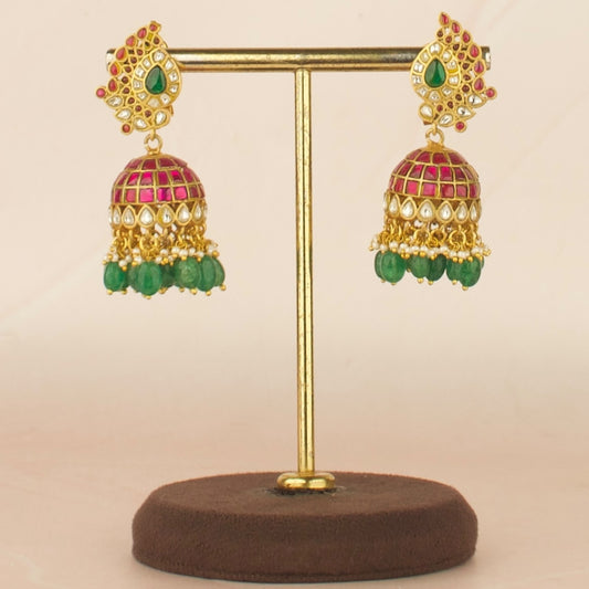 Captivating Bridal Jadau Kundan Jhumki with Green Beads