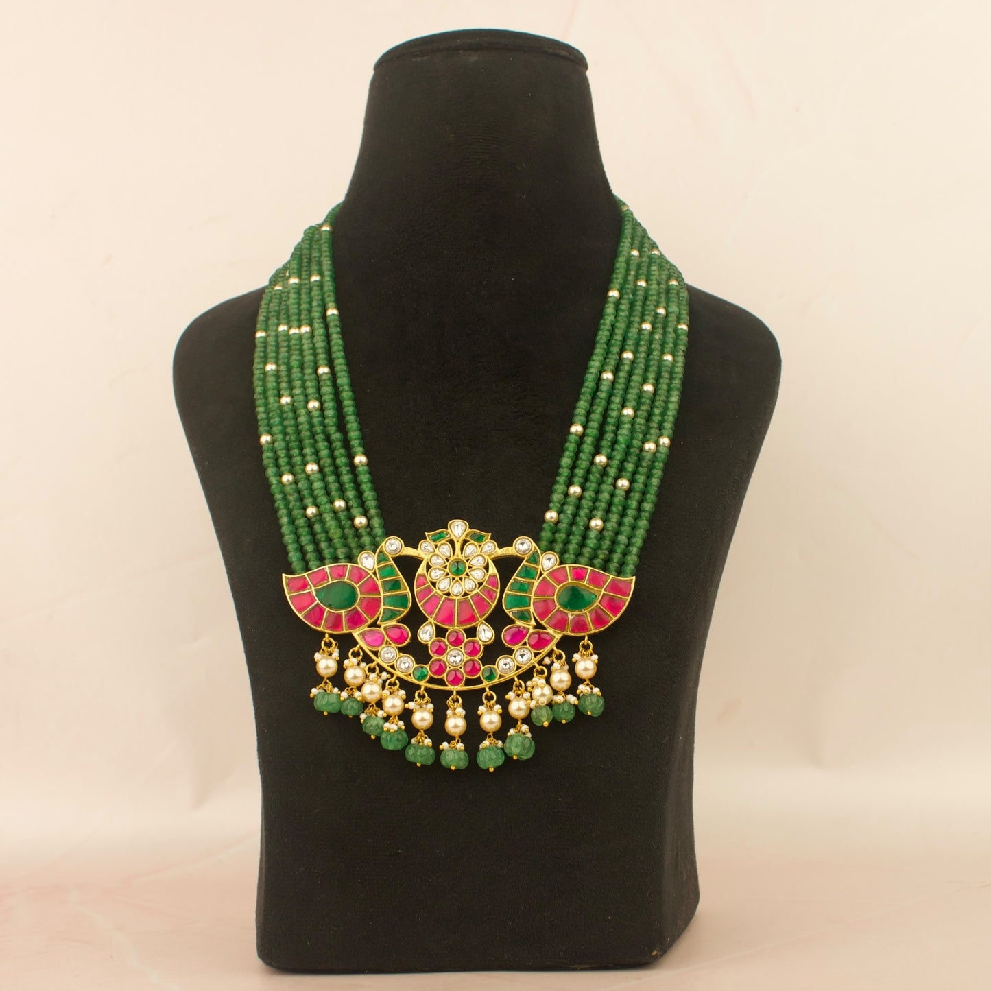 Jadau Kundan Bead Mala peacock Locket