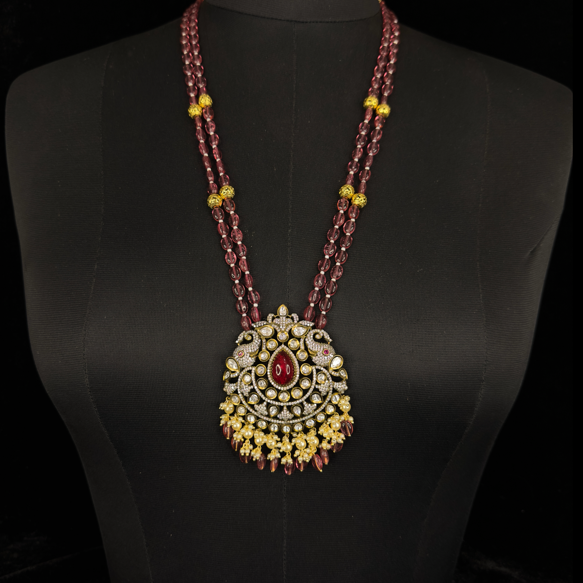 Victorian plated Beads Maala with Zircon & Pearl drops. This Victorian Jewellery is available in a Red colour variant. 