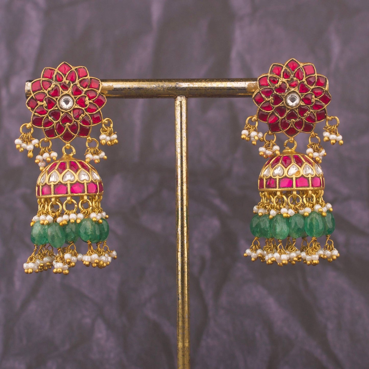 Regal Jadau Kundan Jhumki Earrings With Green Danglings