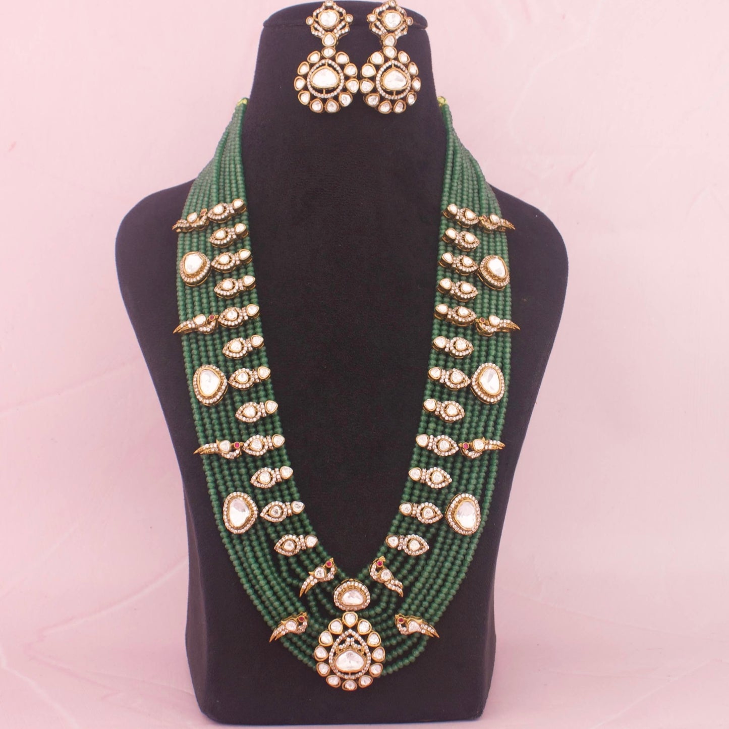 Royal Jadau Kundan Green Beads Mala With Earrings