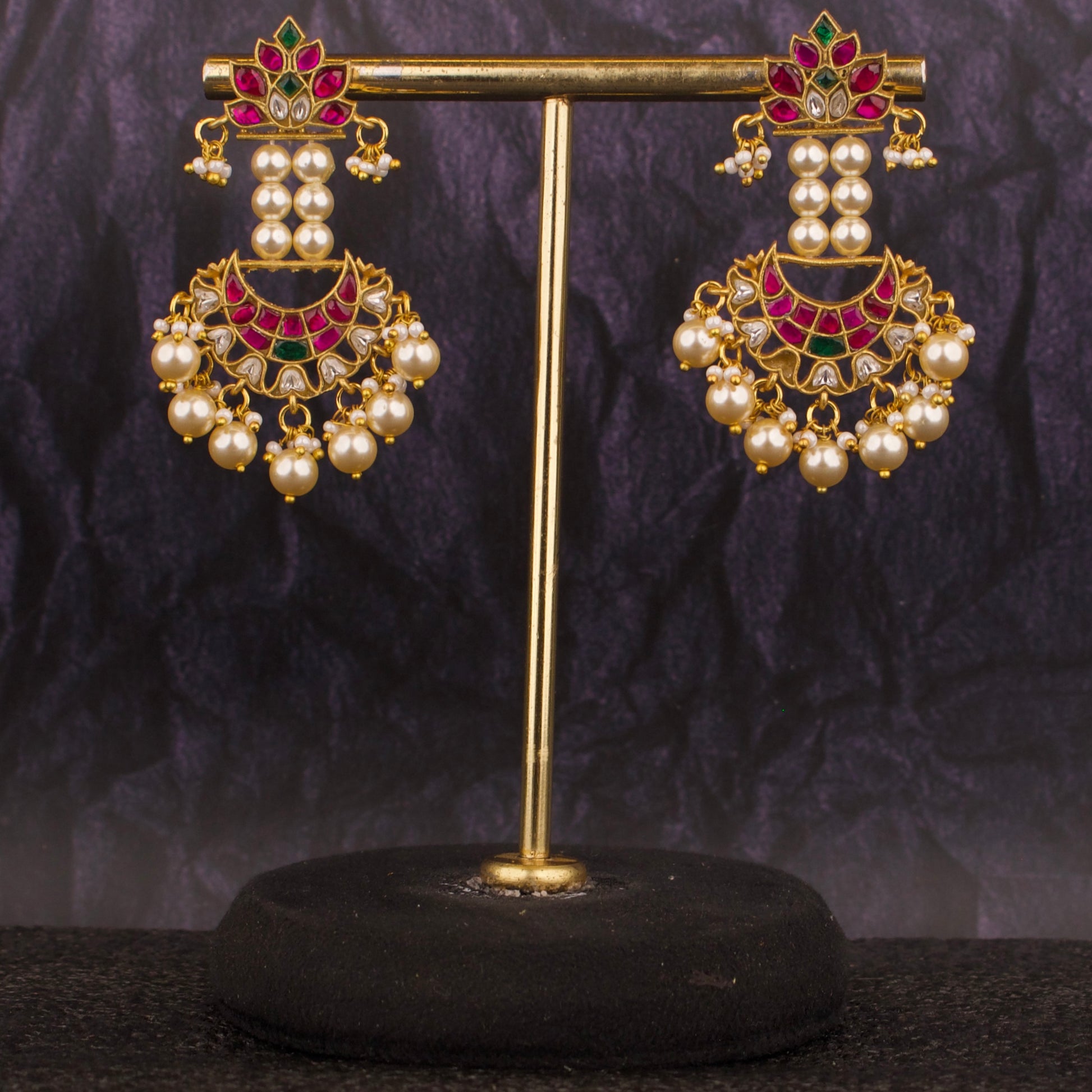 Captivating Jadau kundan Pearl Hanging Chand Bali Earrings - DULHAN JEWELS
