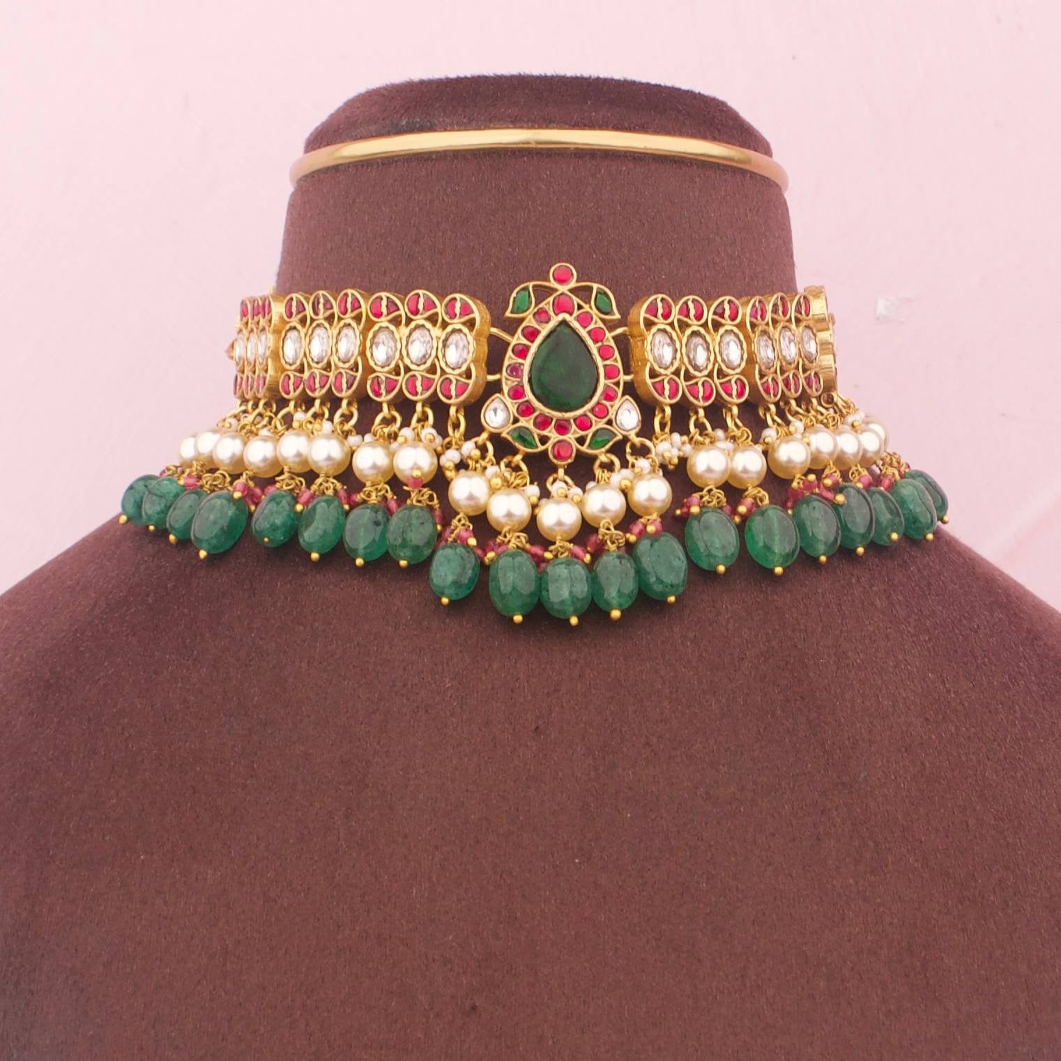 Elite Jadau Kundan Choker With Pearl & Bead Hangings