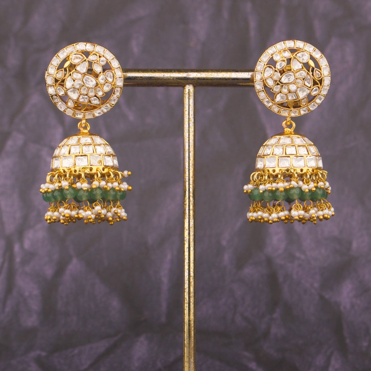 Elegant Moissanite Polki Jhumka Earrings With Hangings - Handcrafted Indian Bridal Jewelry by Dulhan Jewels