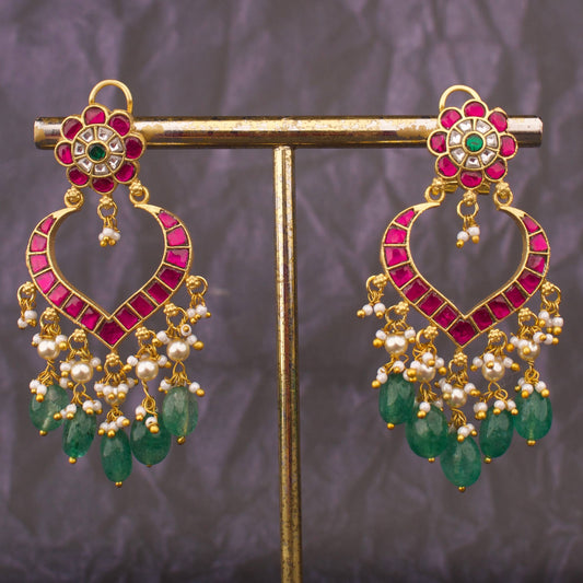 Elegant Jadau Kundan Chandbali Earrings With Emerald Beads