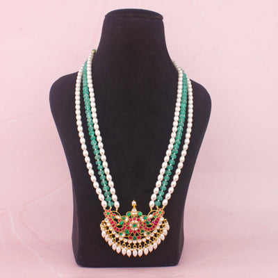 Jadau Kundan Pearl Mala Necklace With Emerald Green Beads