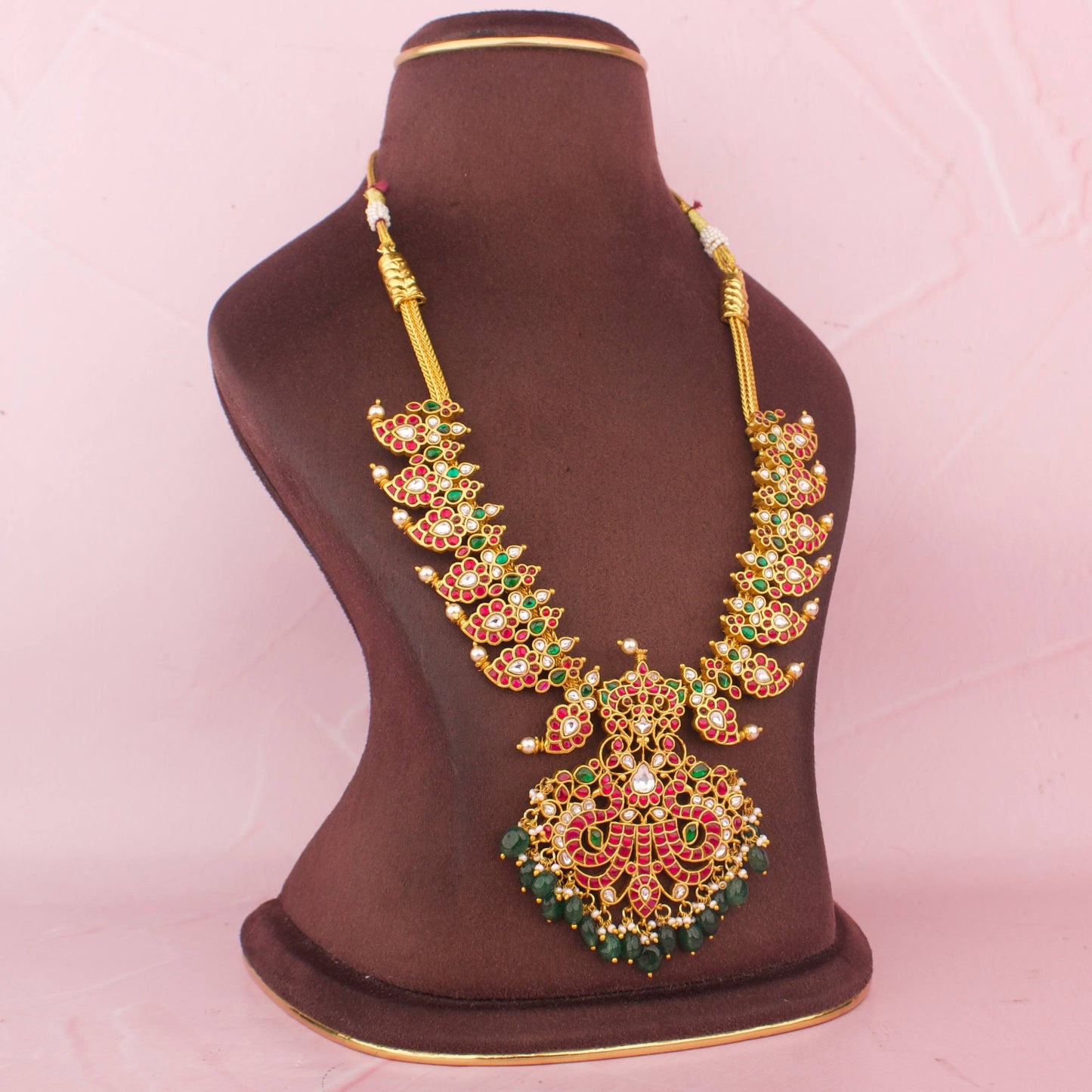 Opulent Jadau Kundan Mango Haram With Peacock Pendant And Green Drops