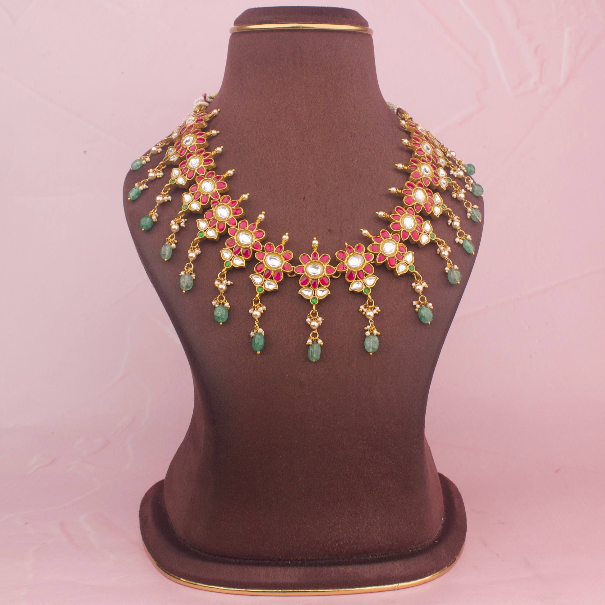 Floral Design Jadau Kundan Necklace With Beads  Hangings - Premium Indian Ethnic Jewelry | Dulhan Jewels