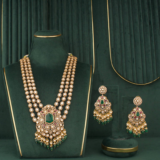 Victorian Polki Necklace Set With Emerald Center Pendant And Multi-Layer Design