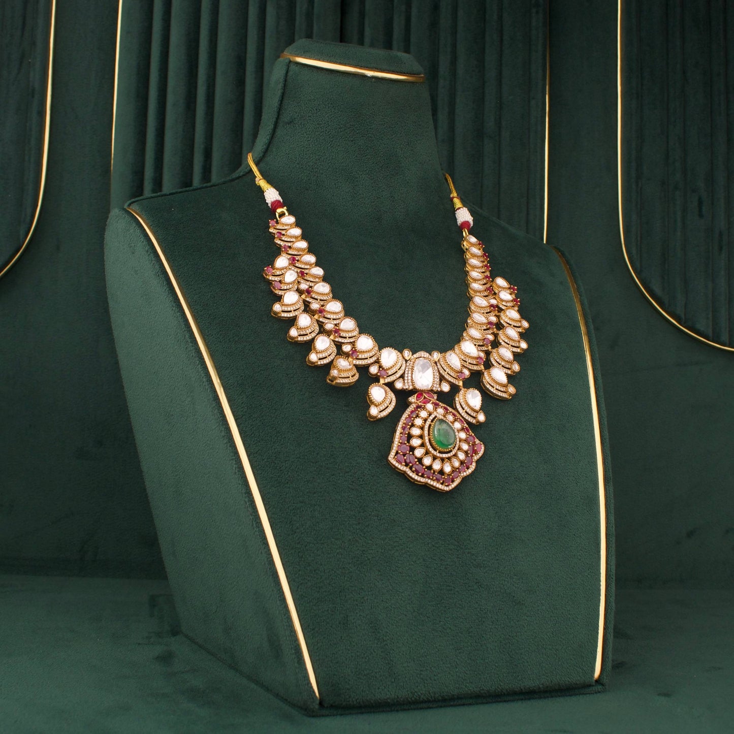 Victorian Polki Necklace Set With Green Pendant And Matching Earrings