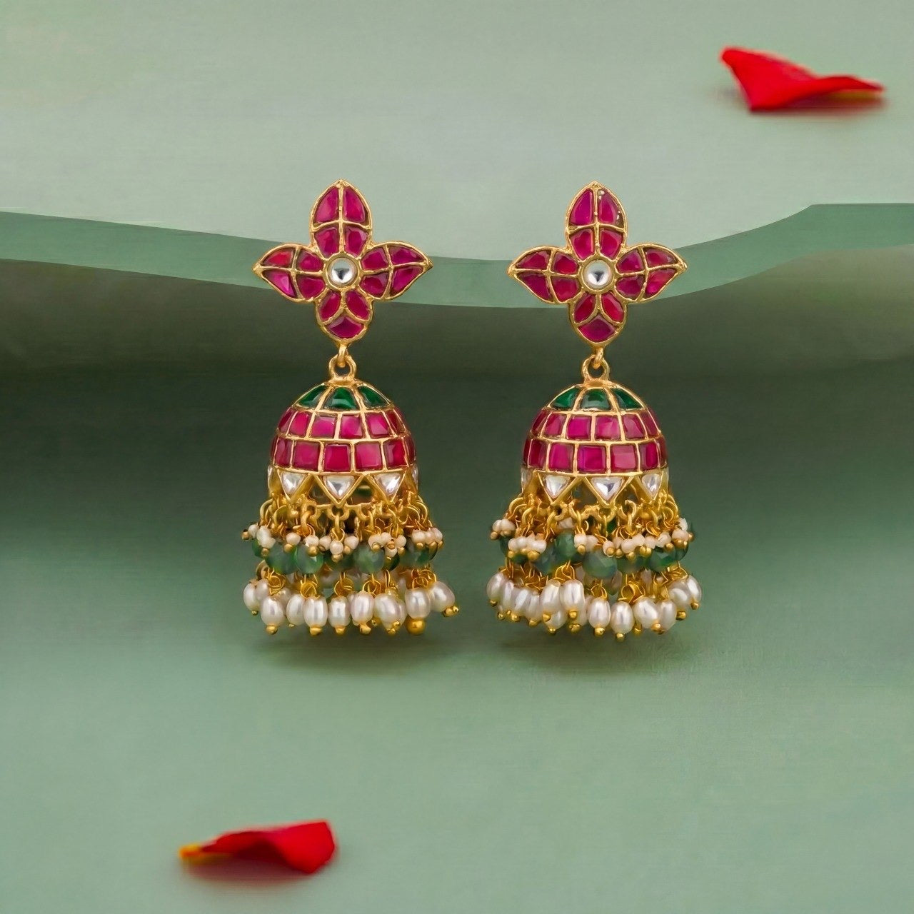 Classy Jadau Kundan Jhumka Earrings With Emerald Beads
