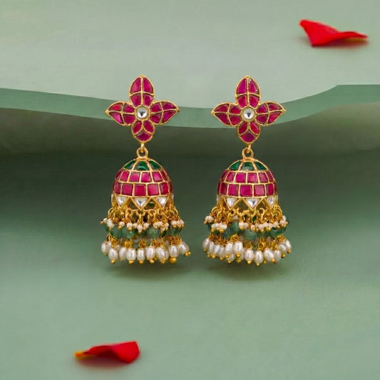 Classy Jadau Kundan Jhumka Earrings With Emerald Beads