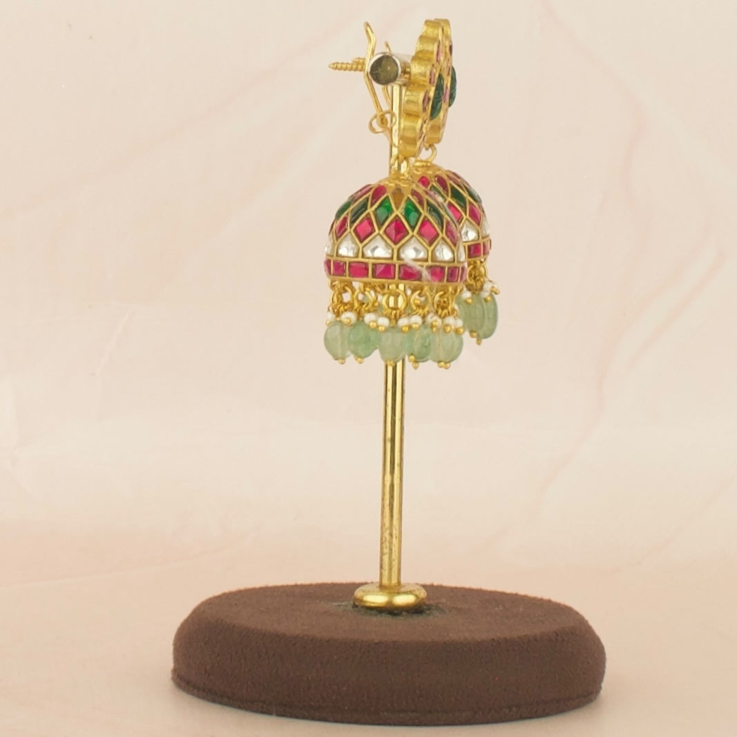 Impressive Design Jadau Kundan Jhumki with Green Beads