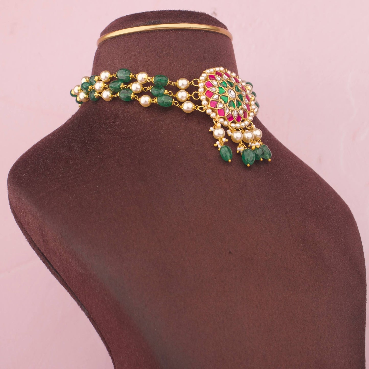 Designer Floral Kundan Choker with Green Beads