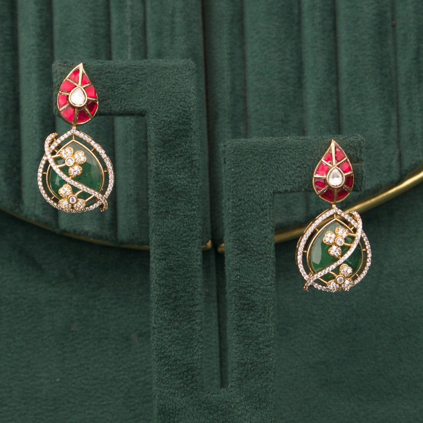 Classic Victorian Studs With Green Stone Drop Design