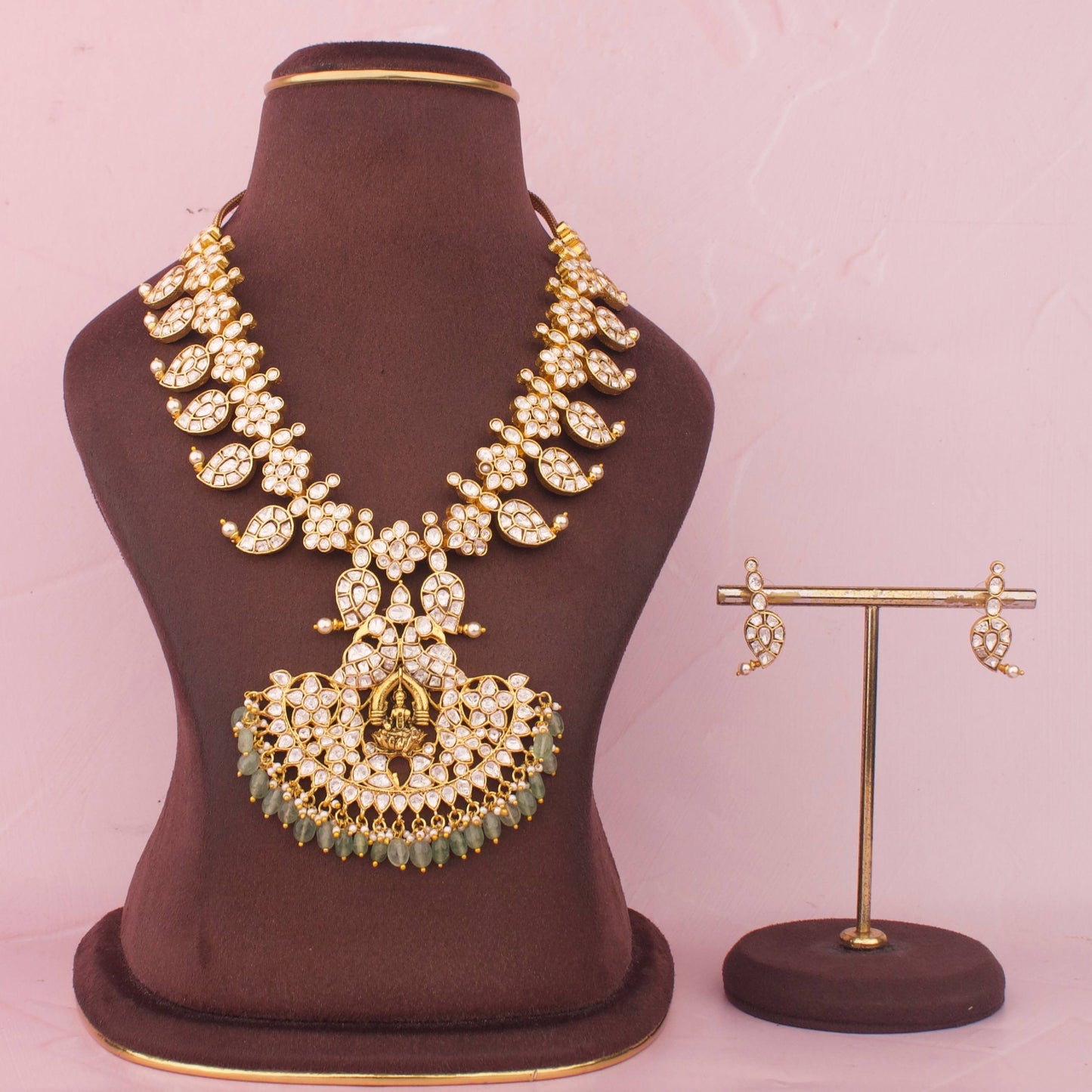 South Indian Mossanite Mango Necklace Set with Green Drops
