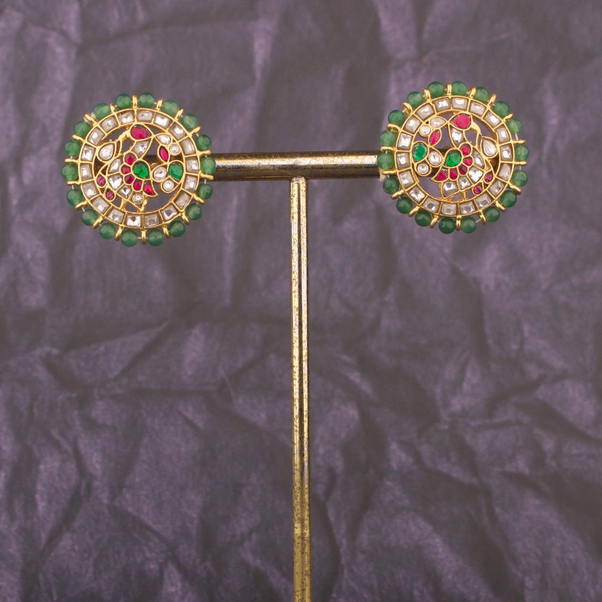 Green Beaded Jadau Kundan Stud Earrings