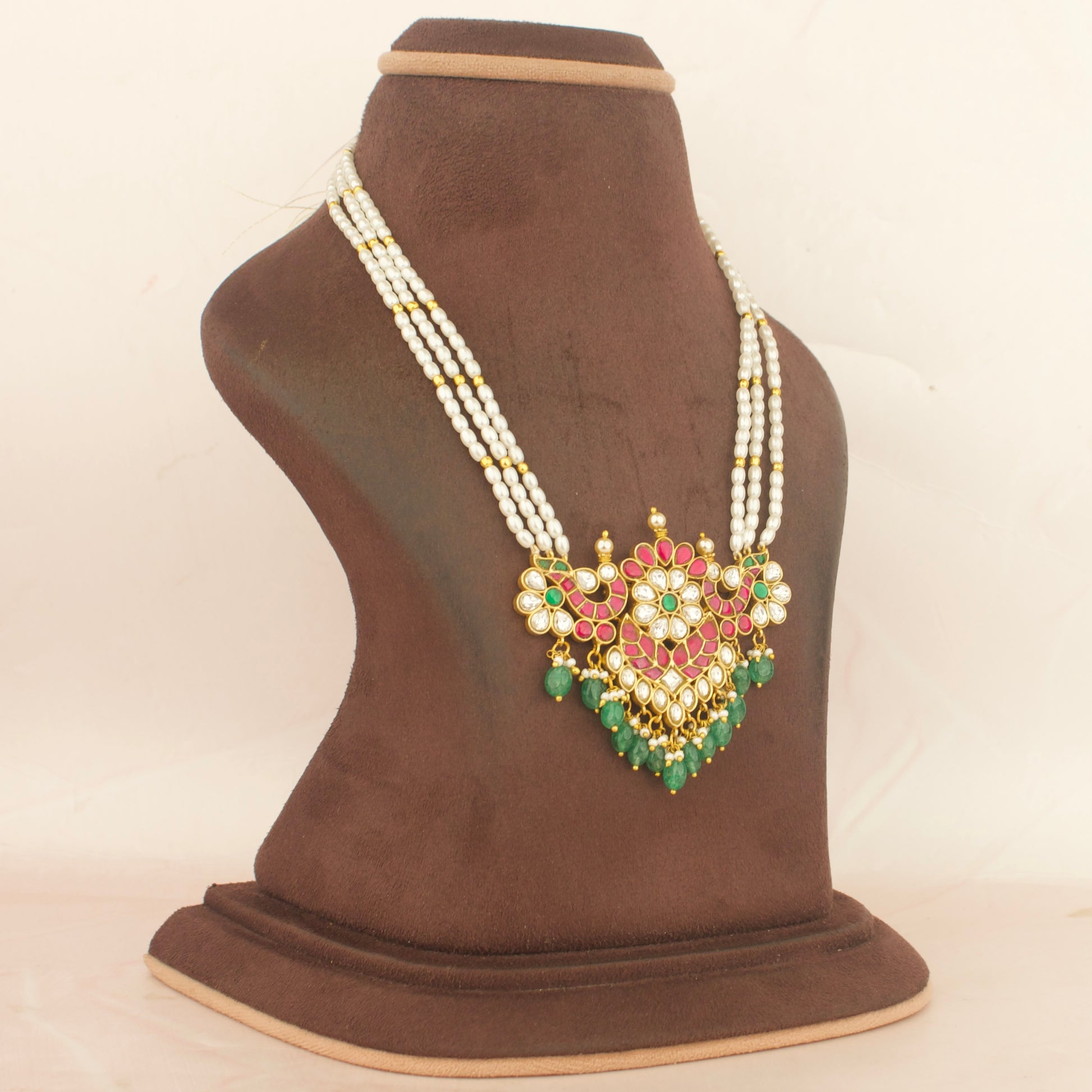 Opulent look Floral peacock Design Jadau Kundan Pearl Rani Haar Mala