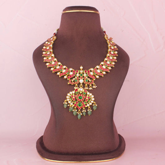 Desiner Jadau Kundan Necklace With Floral Pendant And Green Bead Drops