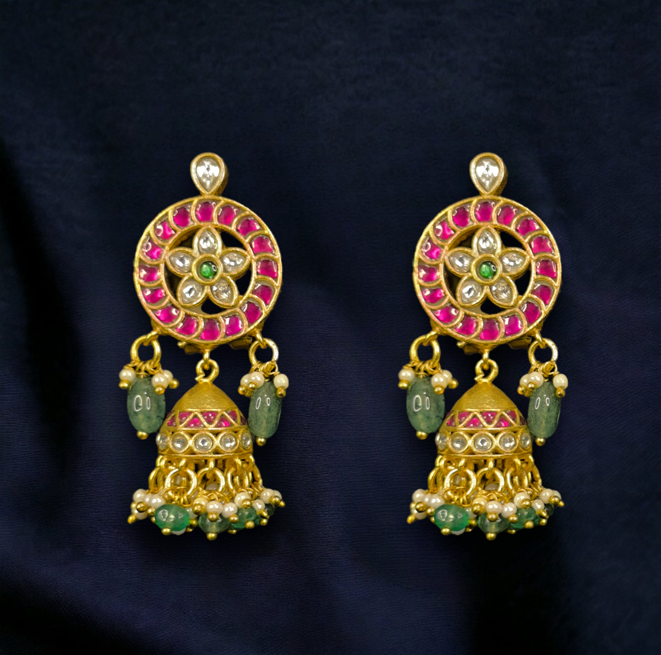 Radiant Ruby and Emerald Jadau Kundan Jhumka