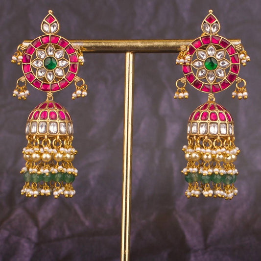 Gold Inspired Jadau Kundan Floral Studded Jhumki Earrings With Guttapusalu Hangings as