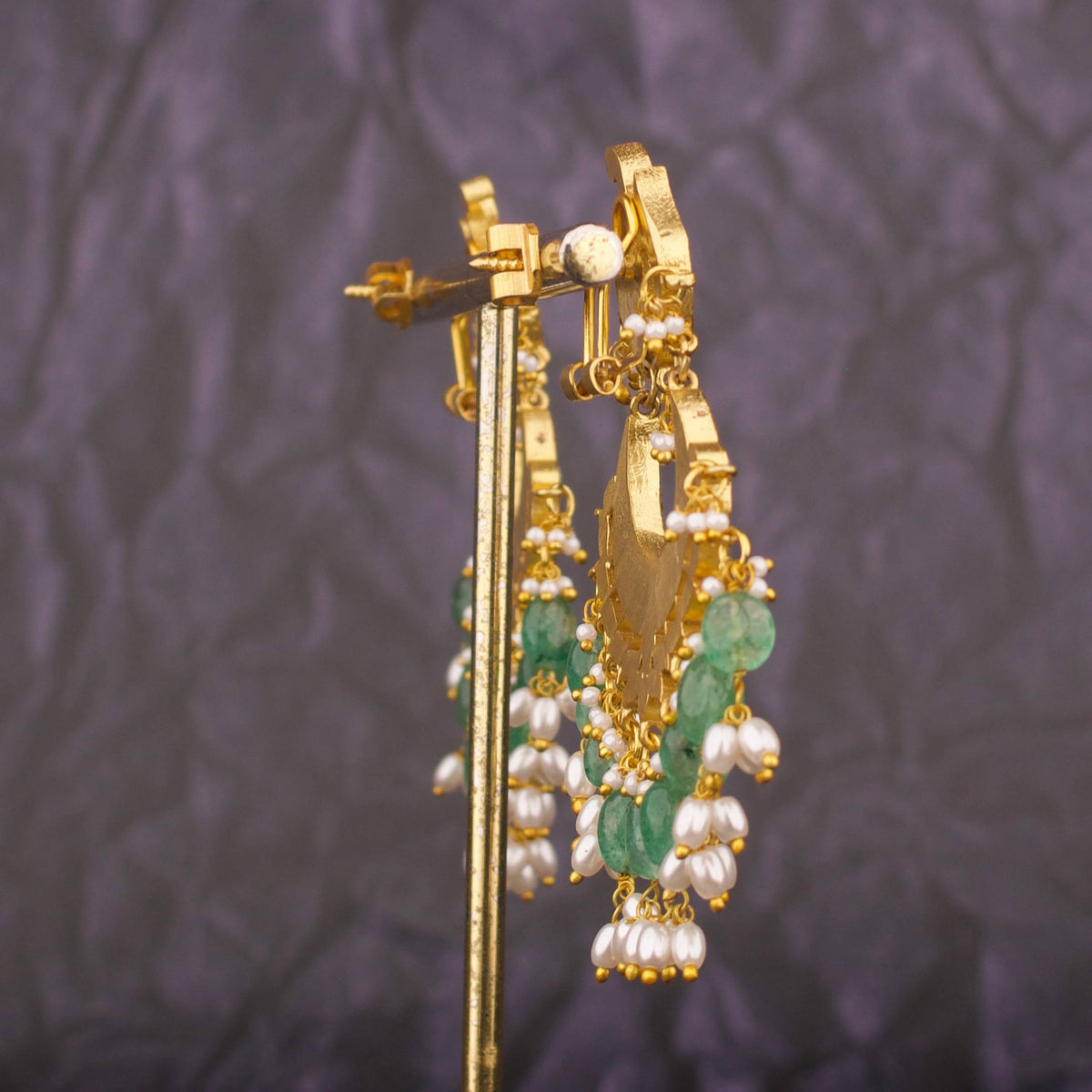 Peacock Design Jadau Kundan Chandbali Earrings With Pearl Drops - Alternate View 1
